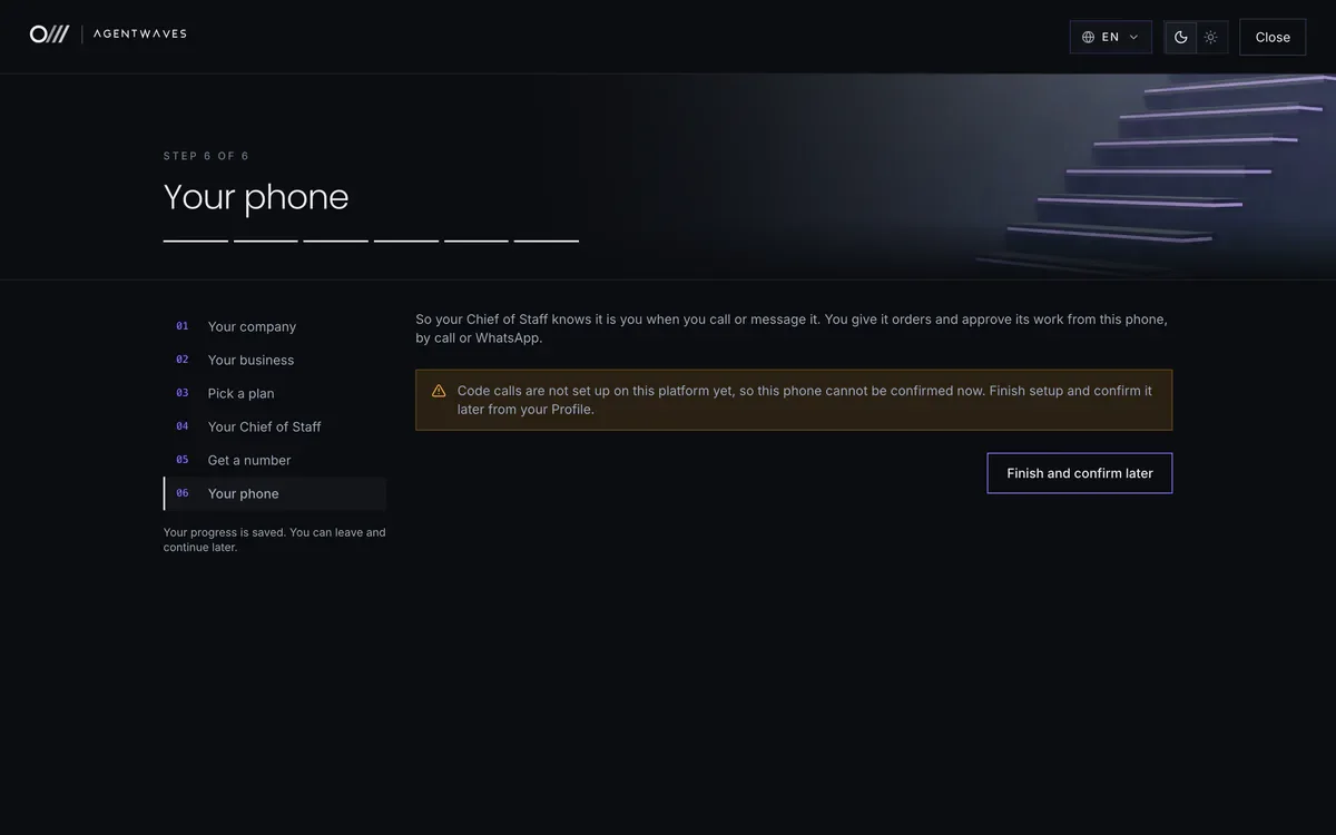 The last onboarding step with the owner's phone number and the go live button